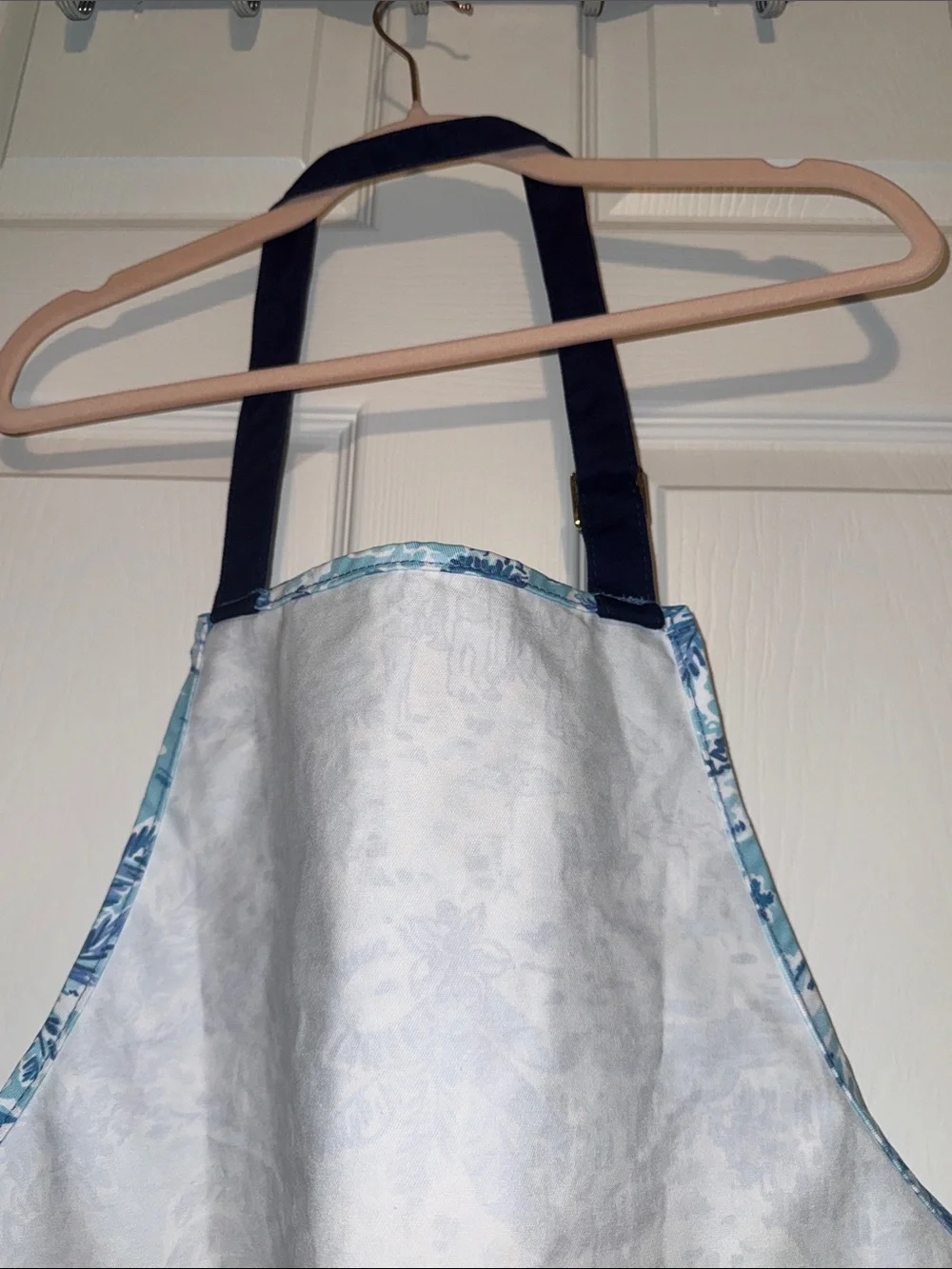 Lilly Pulitzer Light Blue Toile Apron with Navy Pockets and Gold Script